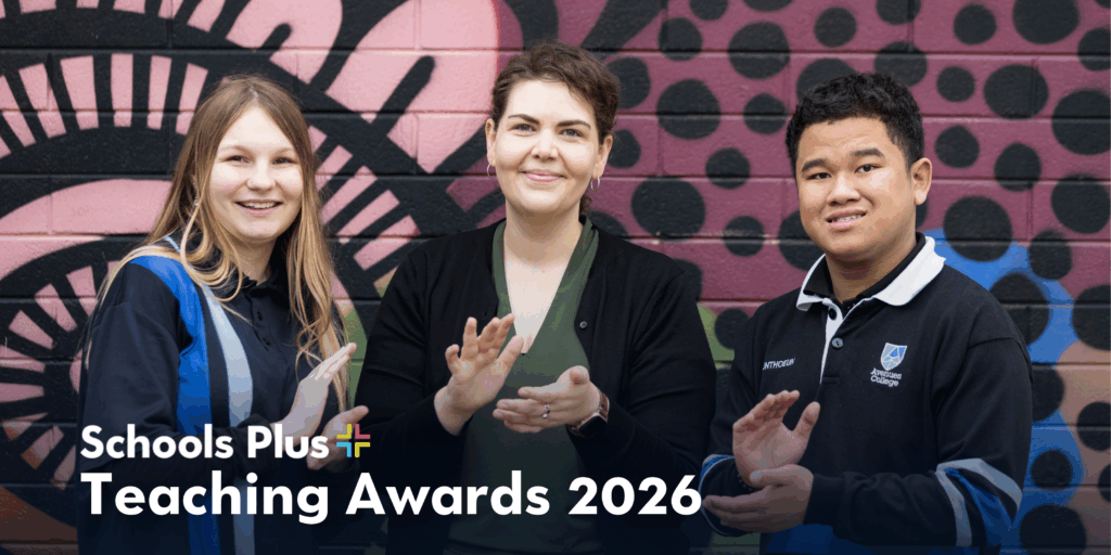 Schools Plus Teaching Awards Banner image featuring a teacher and two students smiling.